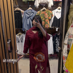Women Maroon Cotton Rose Embroidery Kurta Pant and Mal Dupatta set