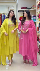 Women Pink Cotton Kodi Embroidery Kurta Pant and Malmal Dupatta set