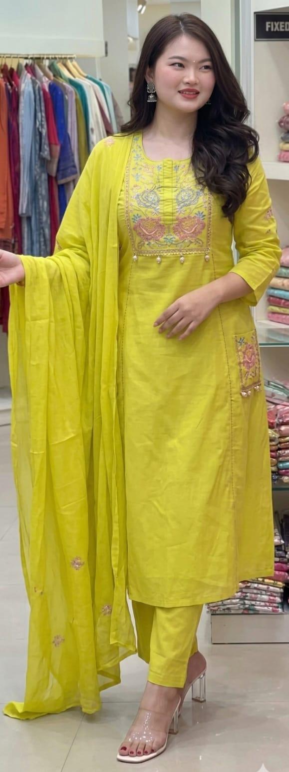 Women Yellow Cotton Kodi Embroidery Kurta Pant and Malmal Dupatta set