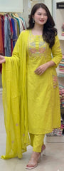 Women Yellow Cotton Kodi Embroidery Kurta Pant and Malmal Dupatta set