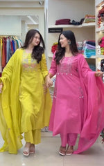 Women Yellow Cotton Kodi Embroidery Kurta Pant and Malmal Dupatta set