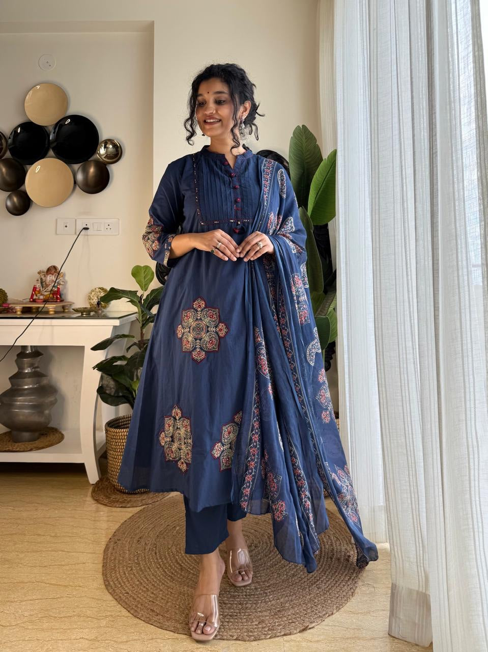 Women Blue Cotton Patch and Printx kurta pant and Dupatta set
