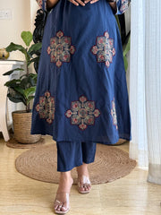 Women Blue Cotton Patch and Printx kurta pant and Dupatta set