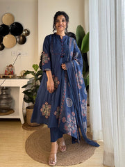 Women Blue Cotton Patch and Printx kurta pant and Dupatta set