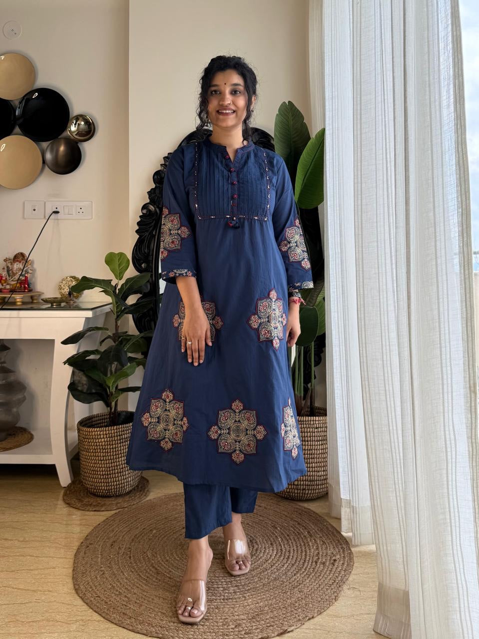 Women Blue Cotton Patch and Printx kurta pant and Dupatta set