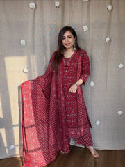 Women Red Cotton Kurta Pant and Dupatta set