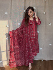 Women Red Cotton Kurta Pant and Dupatta set