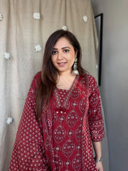Women Red Cotton Kurta Pant and Dupatta set