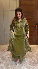 Women Green Cotton Premium Quality Kurta Pant and Dupatta set