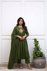 Women Green Cotton Classy Look Embroidery Kurta Pant and Dupatta set