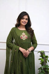 Women Green Cotton Classy Look Embroidery Kurta Pant and Dupatta set