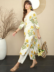 Women White Cotton Marigold Kurta Pant set