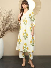 Women White Cotton Marigold Kurta Pant set