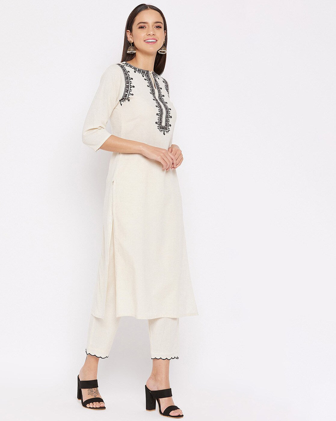 Women White Cotton High Persona Kurta Pant set