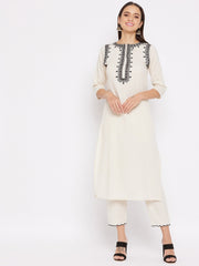 Women White Cotton High Persona Kurta Pant set