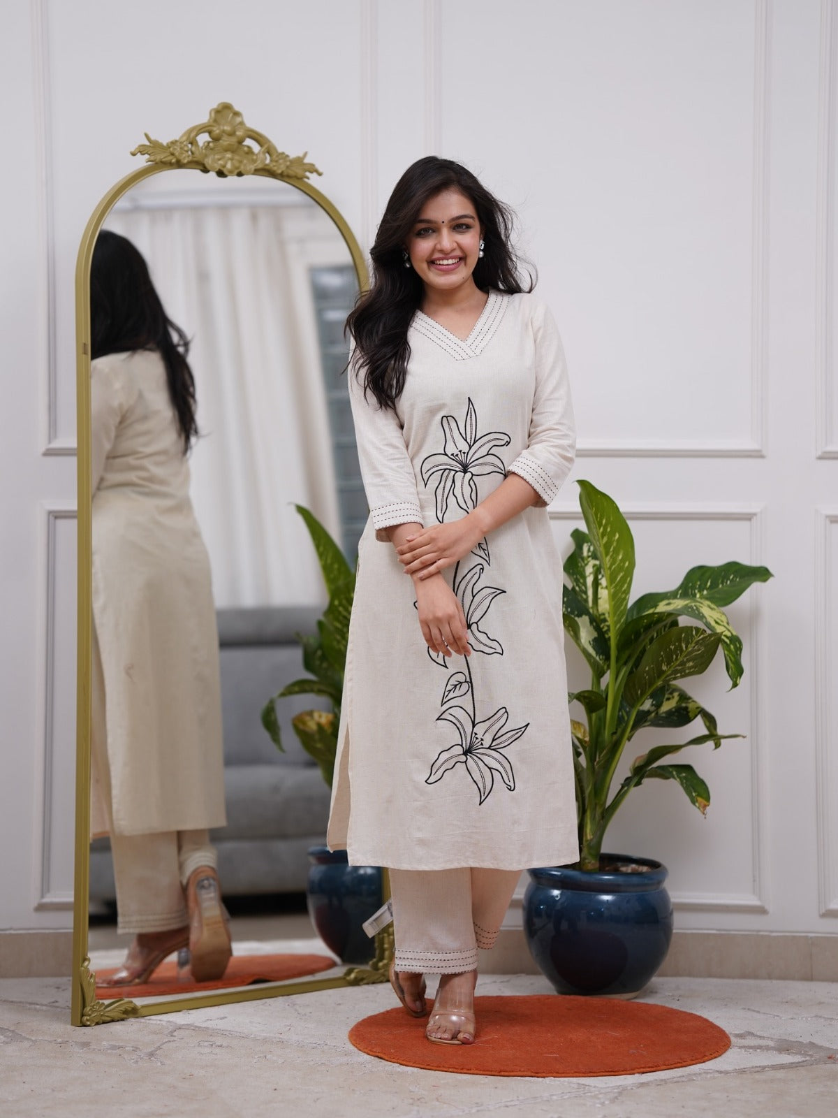 Women White Cotton Flowers Branch Kurta Pant set