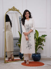 Women White Cotton Flowers Branch Kurta Pant set