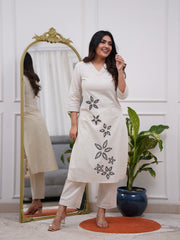 Women White Cotton Lonely Flowers Kurta Pant set