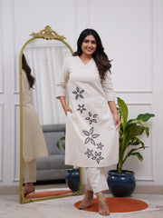 Women White Cotton Lonely Flowers Kurta Pant set