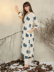 Women White Cotton Elephant Kurta Pant set