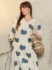 Women White Cotton Elephant Kurta Pant set