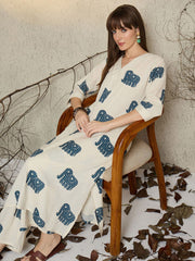 Women White Cotton Elephant Kurta Pant set