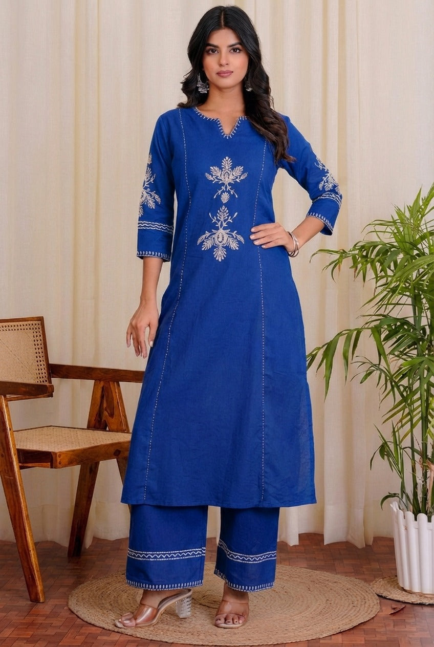 Women Blue South Cotton Embroidery Kurta Pant Set