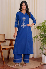 Women Blue South Cotton Embroidery Kurta Pant Set