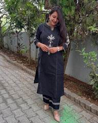 Women Black South Cotton Embroidery Kurta Pant set