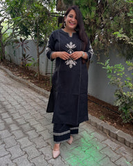 Women Black South Cotton Embroidery Kurta Pant set