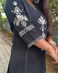 Women Black South Cotton Embroidery Kurta Pant set
