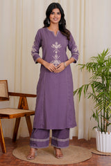 Women Purple South Cotton Embroidery Kurta Pant set