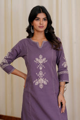 Women Purple South Cotton Embroidery Kurta Pant set