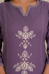 Women Purple South Cotton Embroidery Kurta Pant set