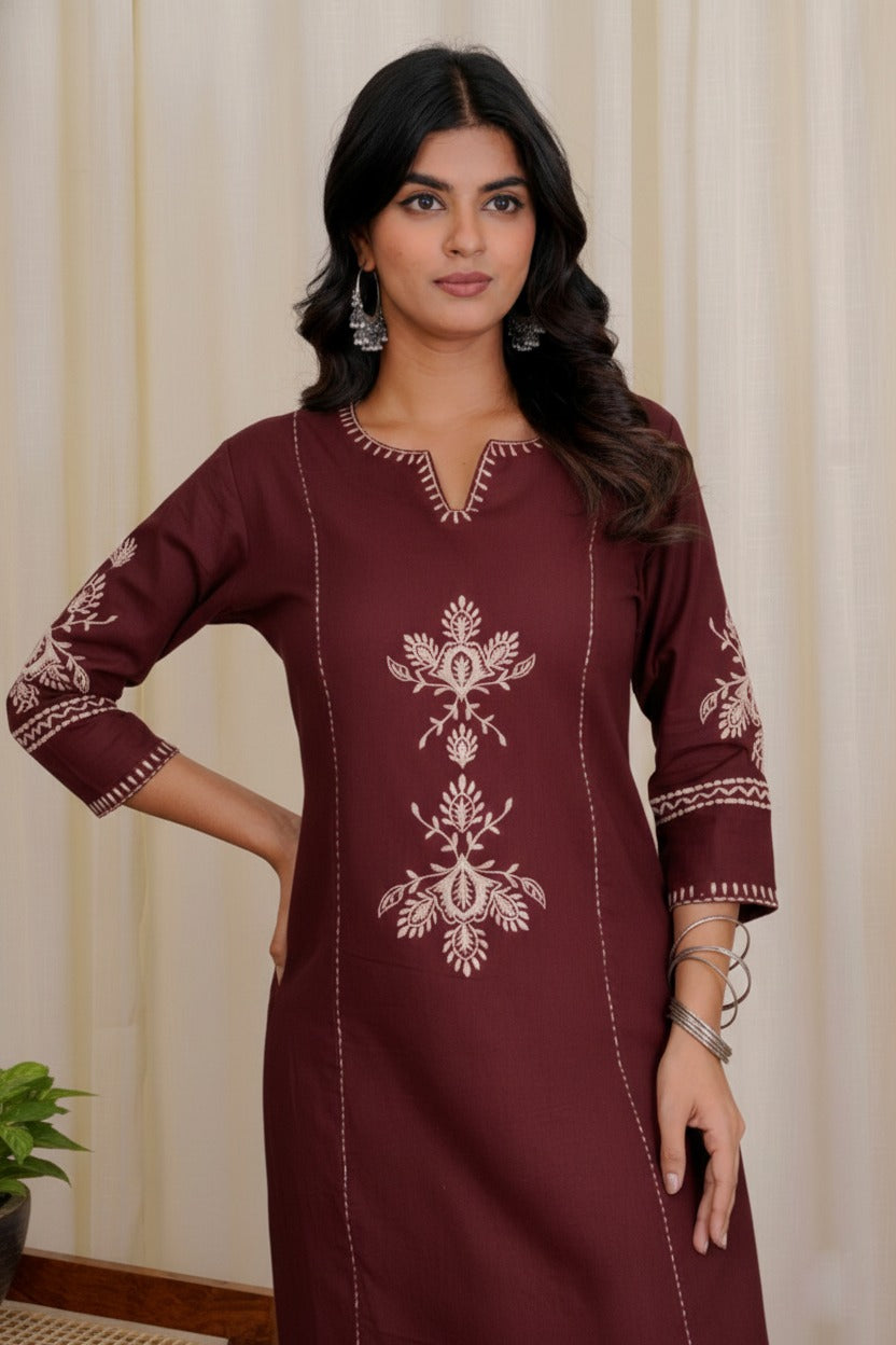 Women Maroon South Cotton Embroidery Kurta Pant set