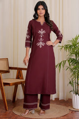 Women Maroon South Cotton Embroidery Kurta Pant set