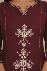 Women Maroon South Cotton Embroidery Kurta Pant set