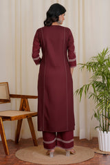 Women Maroon South Cotton Embroidery Kurta Pant set