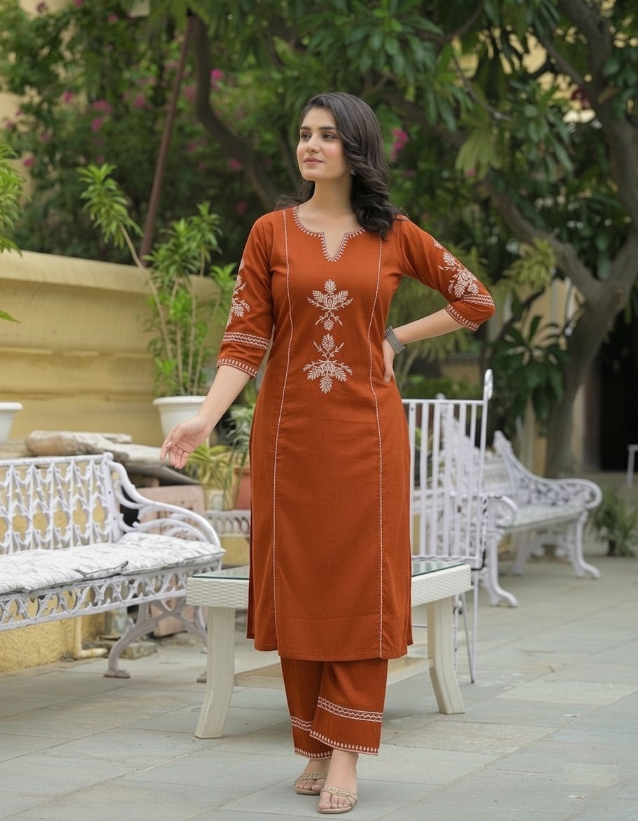 Women Rust South Cotton Embroidery Kurta Pant set