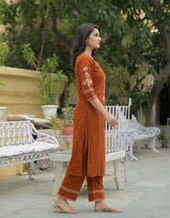 Women Rust South Cotton Embroidery Kurta Pant set