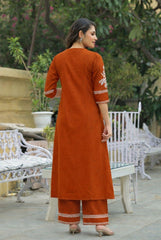 Women Rust South Cotton Embroidery Kurta Pant set