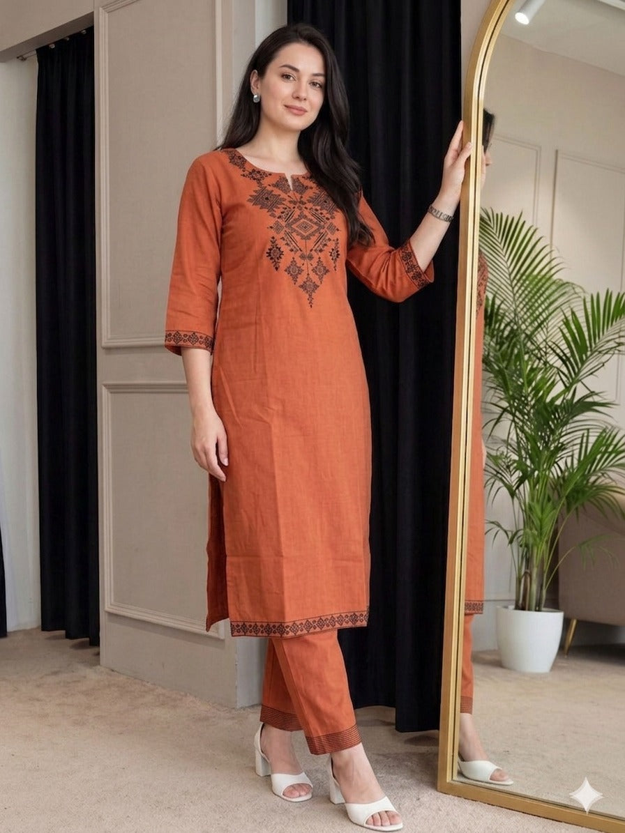 Women Rust Cotton Embroidery Yoke Kurta Pant set