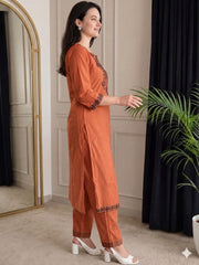 Women Rust Cotton Embroidery Yoke Kurta Pant set