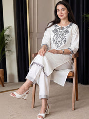 Women White Cotton Embroidery Yoke Kurta Pant set