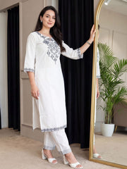 Women White Cotton Embroidery Yoke Kurta Pant set