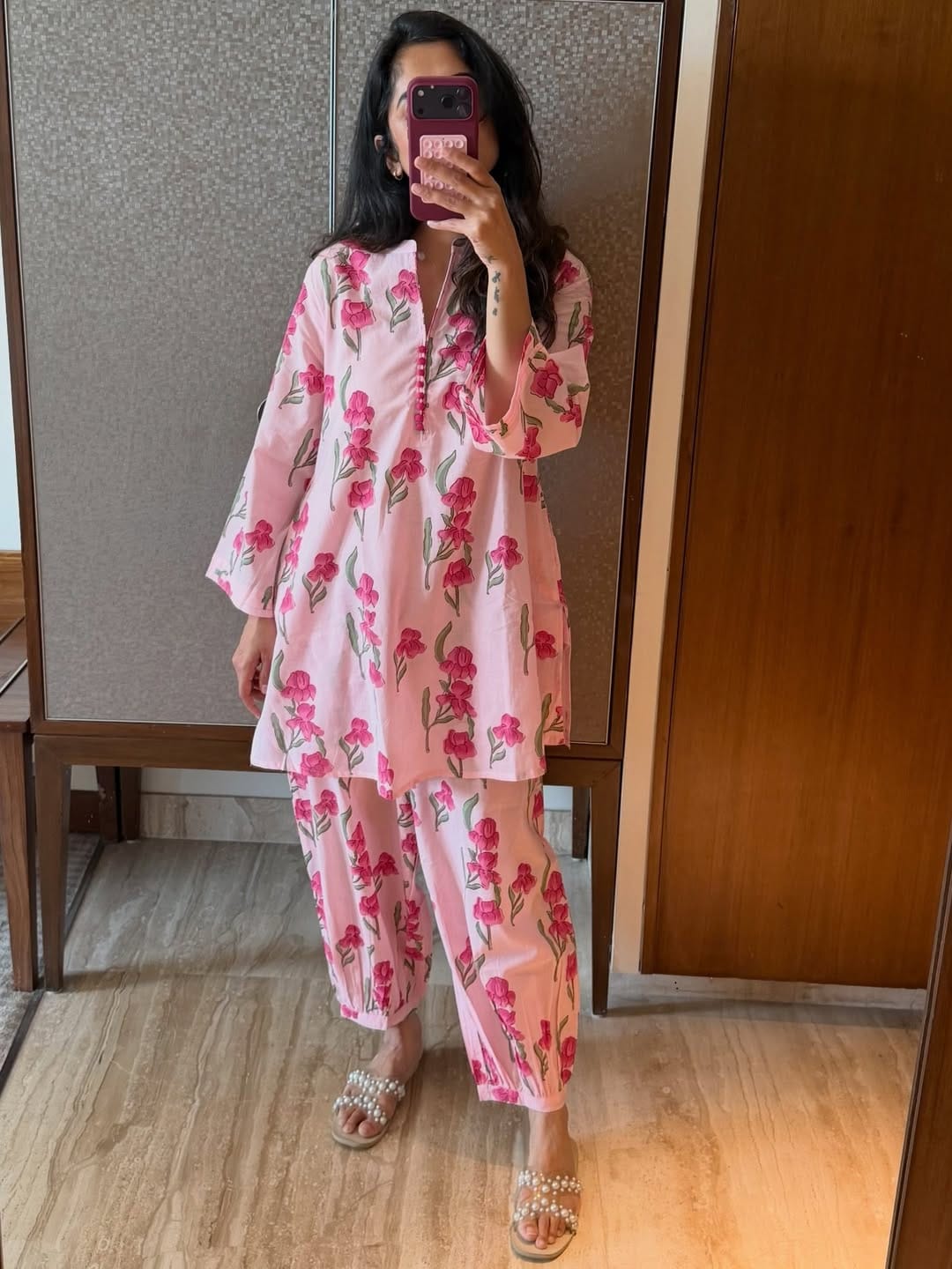Women Pink Cotton Floral Print Co-Ord set