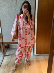 Women Pink Cotton Floral Print Co-Ord set