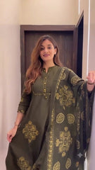 Women Green Cotton Patch and Printx Kurta Pant and Dupatta set