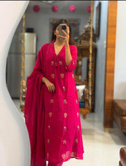 Women Pink Cotton Pintucks Embroidery Kurta Pant and Dupatta set