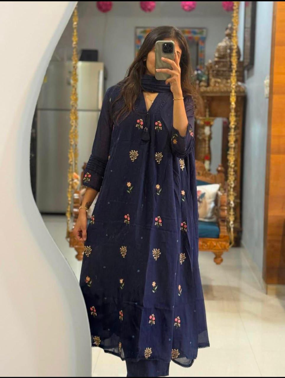 Women Navy Blue Cotton Pintucks Embroidery Kurta Pant and Dupatta set